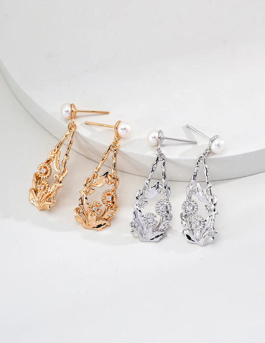 Flower-Shaped Natural Pearl and Zircon Earrings