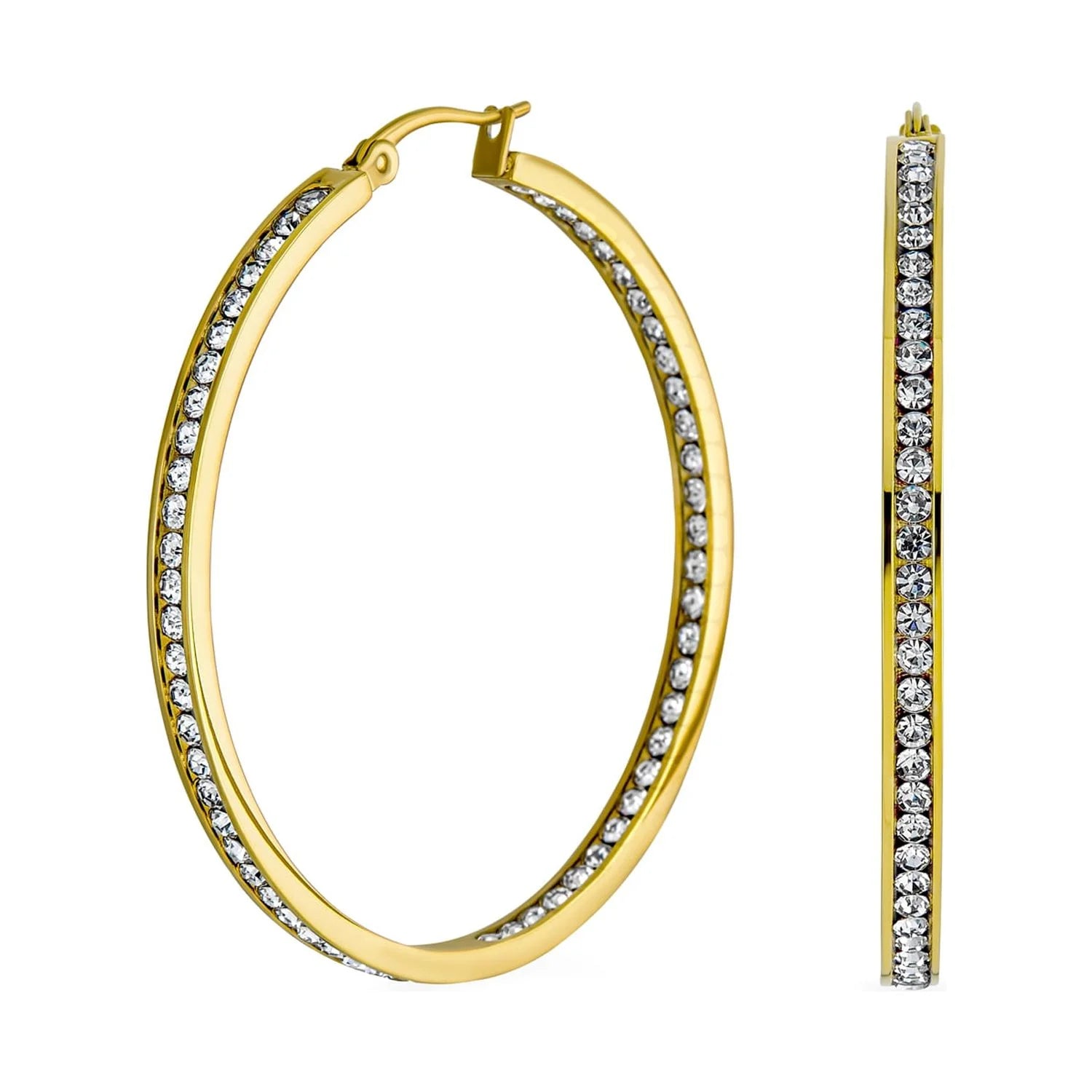 Womens round Channel Set CZ Hoop Earrings Silver Gold Tone Black Stainless Steel 2" Diameter