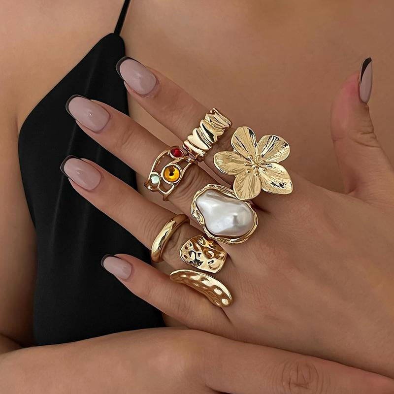 Chunky Gold Rings for Women Adjustable Pearl Flower Rings for Women Statement Silver Ring Stacking Knuckle Ring Chunky Gold Jewelry