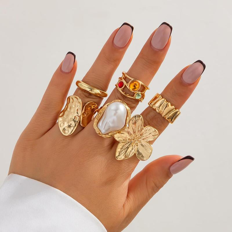 Chunky Gold Rings for Women Adjustable Pearl Flower Rings for Women Statement Silver Ring Stacking Knuckle Ring Chunky Gold Jewelry