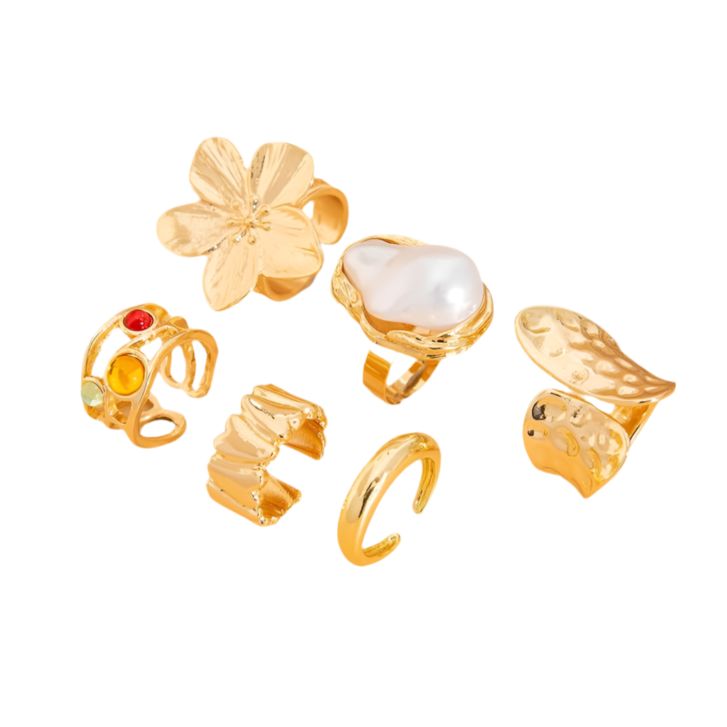 Stacking Knuckle Rings & Chunky Gold plated Adjustable Pearl & Flower Rings