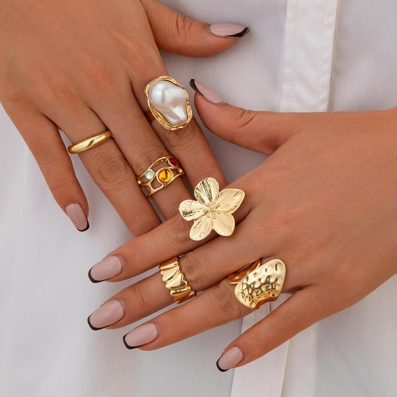 Chunky Gold Rings for Women Adjustable Pearl Flower Rings for Women Statement Silver Ring Stacking Knuckle Ring Chunky Gold Jewelry