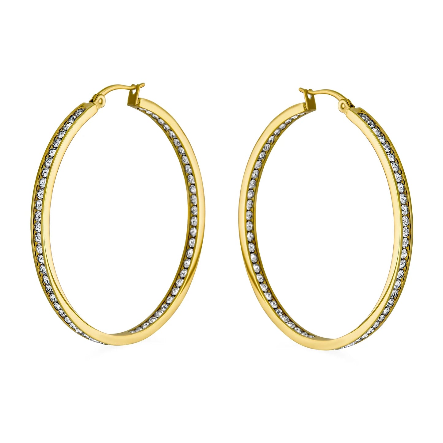 Womens round Channel Set CZ Hoop Earrings Silver Gold Tone Black Stainless Steel 2" Diameter