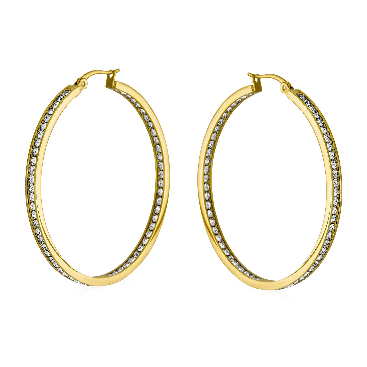 Womens round Channel Set CZ Hoop Earrings Silver Gold Tone Black Stainless Steel 2" Diameter
